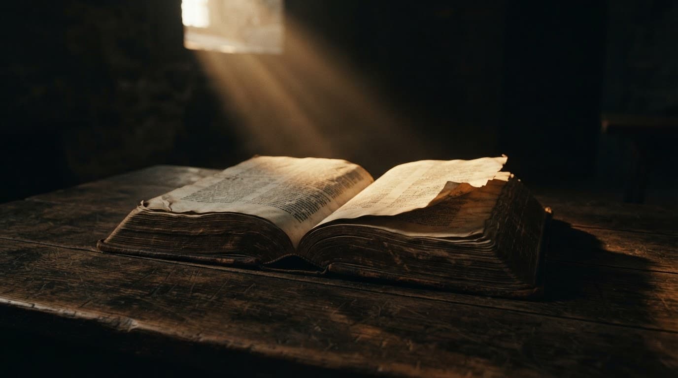 An open antique book on a dark table illuminated by a single shaft of light.