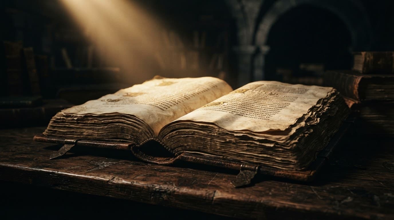 An open old book sits on a dark wooden table in a warm beam of light.