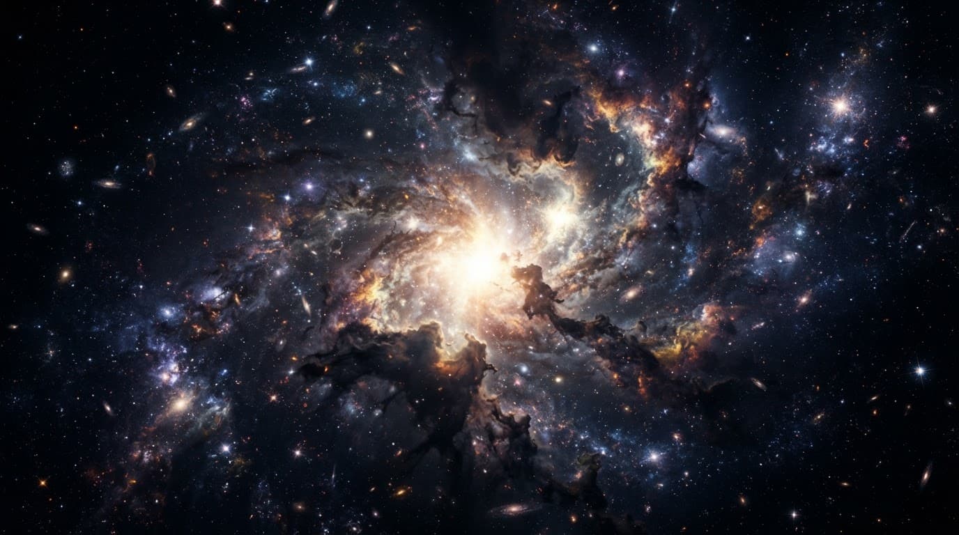 Swirling blue and violet nebulae fill a dark space landscape beneath scattered stars.