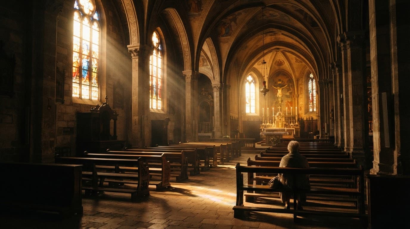 Warm light streams through tall windows into a dimly lit historic church sanctuary.