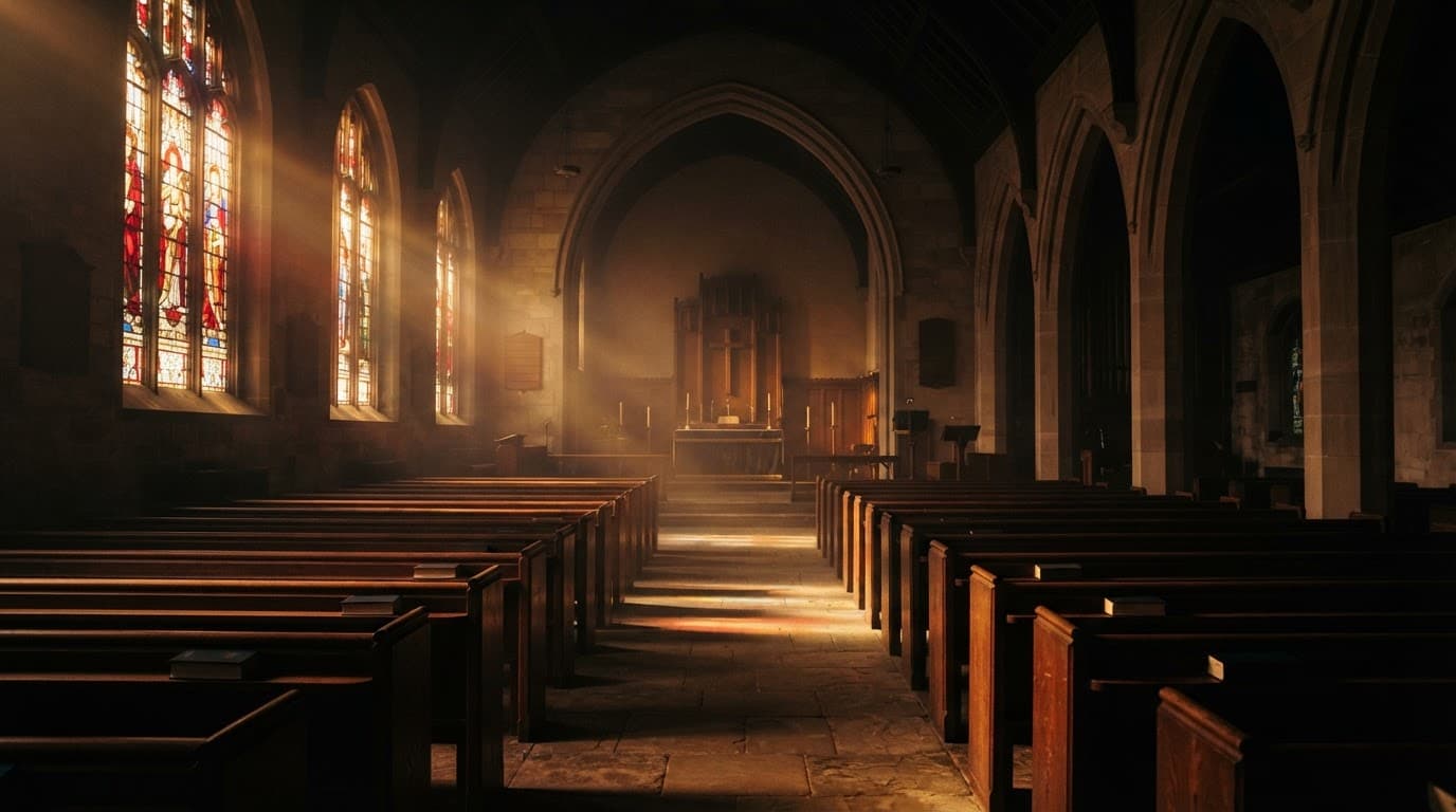 Warm sunlight beams through stained glass into a hazy, empty church sanctuary.