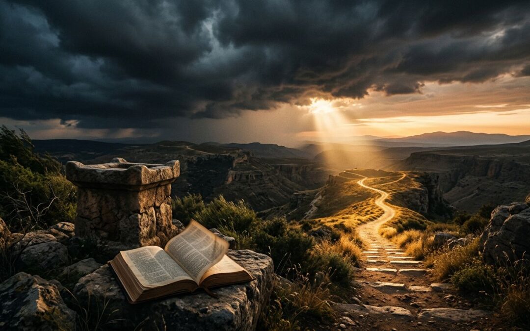 An open Bible and stone altar overlook a dark valley where golden sunlight breaks through storm clouds.