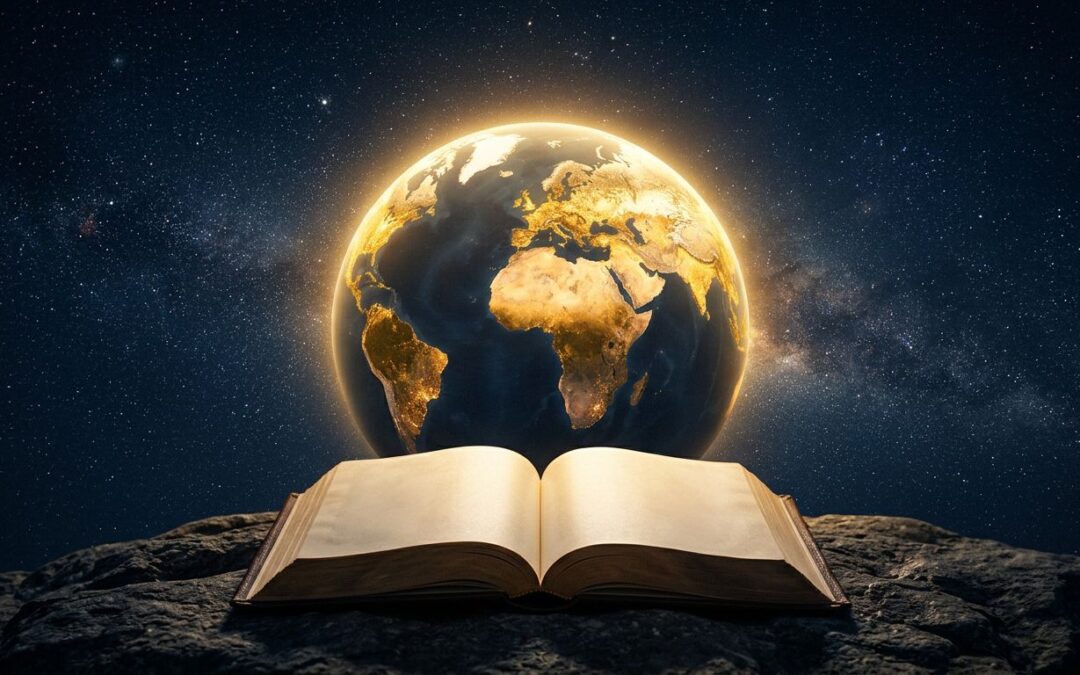 A glowing Earth and an open book resting on dark stone under a starry sky.