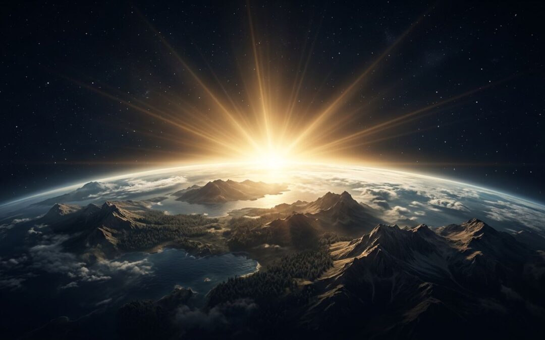 Golden light illuminates Earth beneath a star-filled sky.
