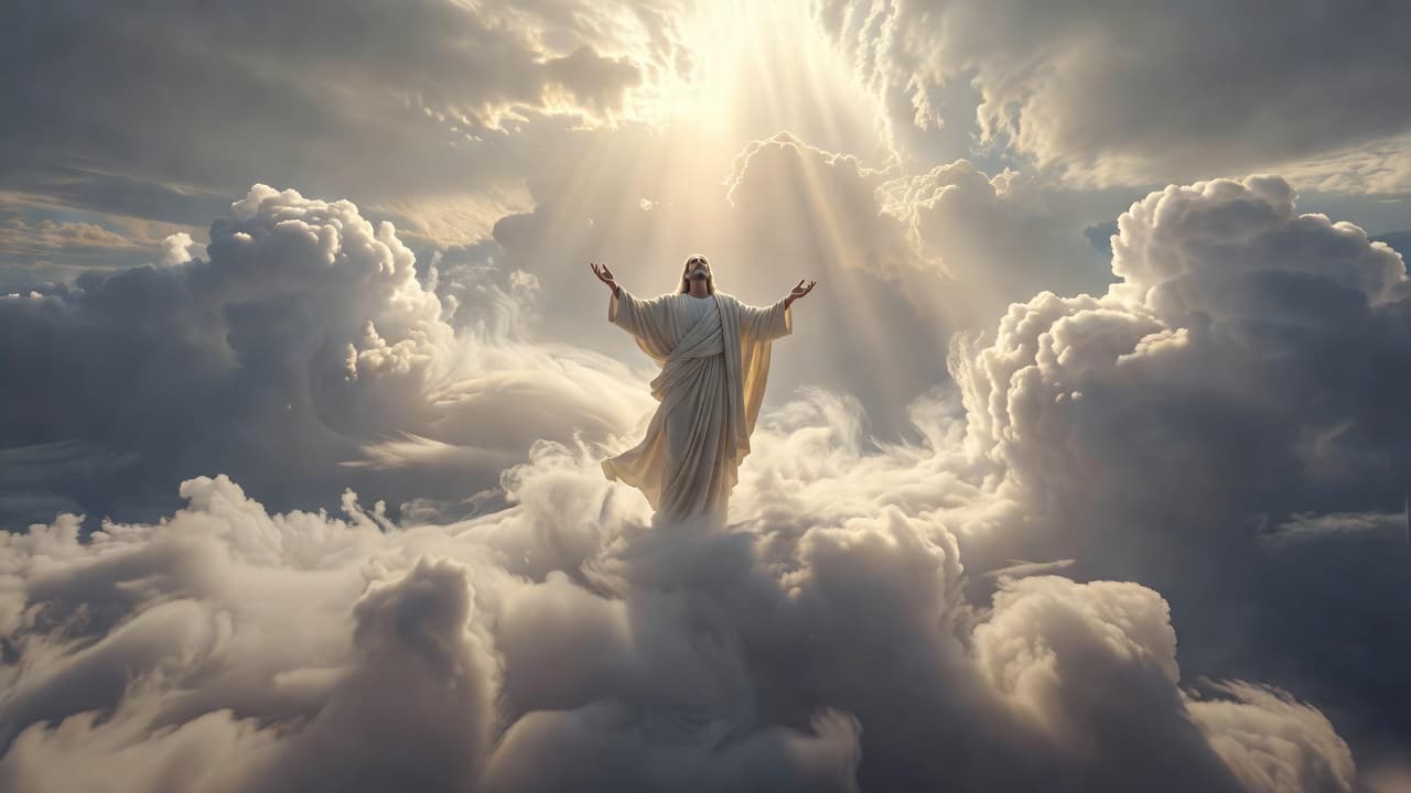 Jesus rising into the bright, cloudy sky with radiant light surrounding him.