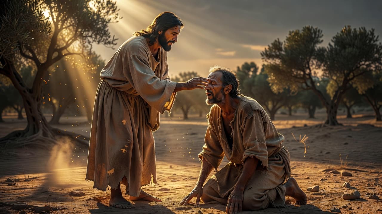 Jesus stands over a man and heals his eyes in a bright, dramatic setting.