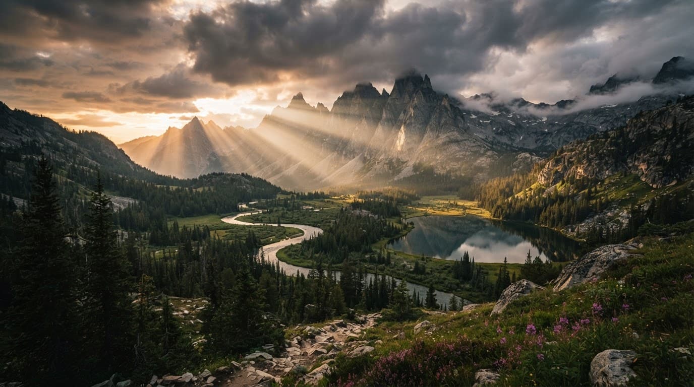 Sunrise rays illuminate layered mountains beneath dramatic clouds.