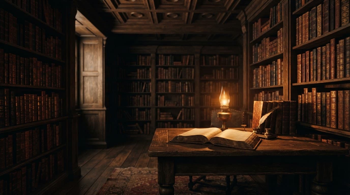 Rows of leather bound books on dark wood shelves glowing in warm amber light.