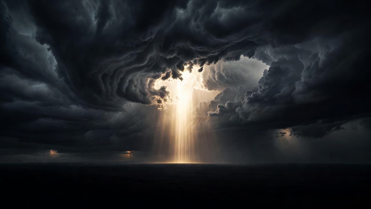 Bright light breaks through dark storm clouds to illuminate the horizon.