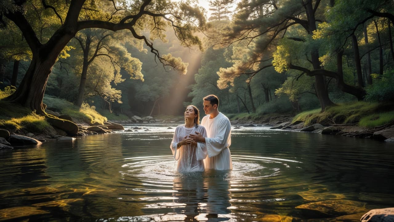 A person stands in a clear forest river as sunlight shines down on their baptism.