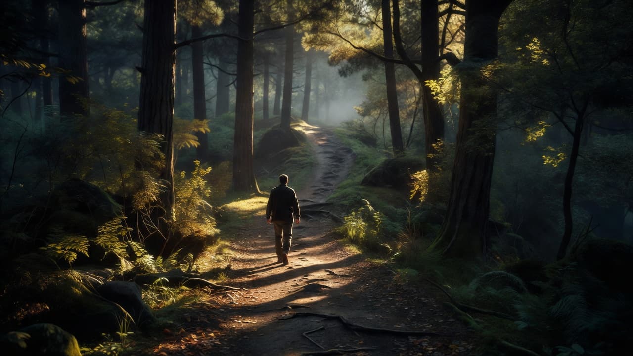 A person walking up a narrow, sunlit dirt trail inside a quiet forest.