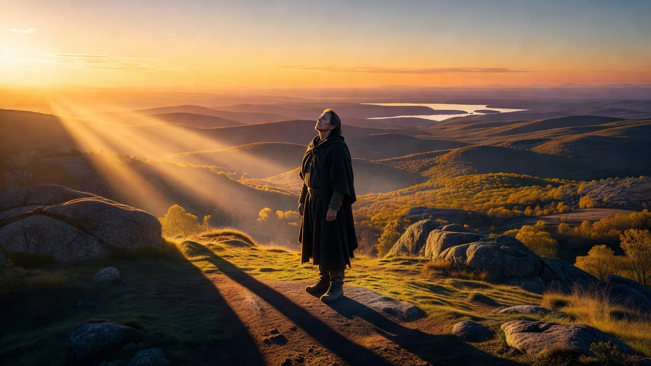 A person standing in a serene natural landscape during golden hour.