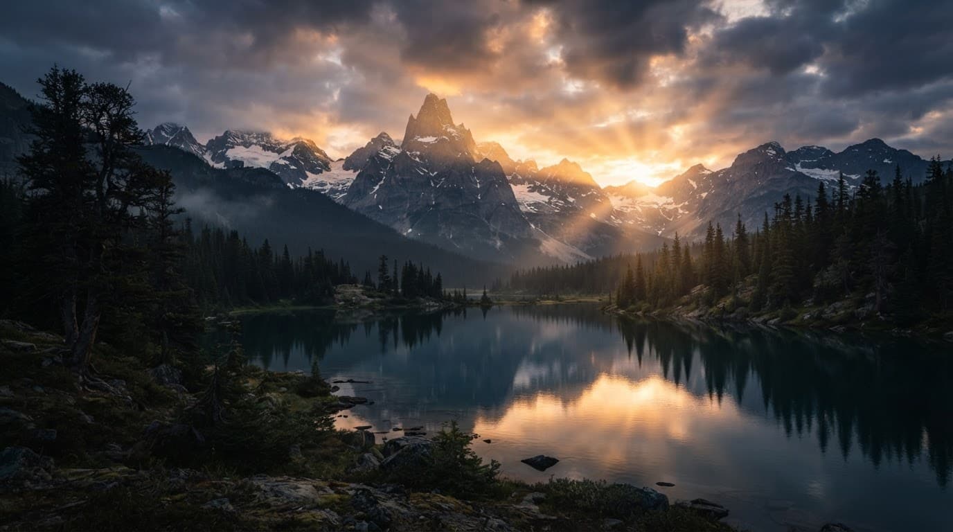 Sunlight breaks through clouds over a calm mountain lake and jagged peaks at sunrise.