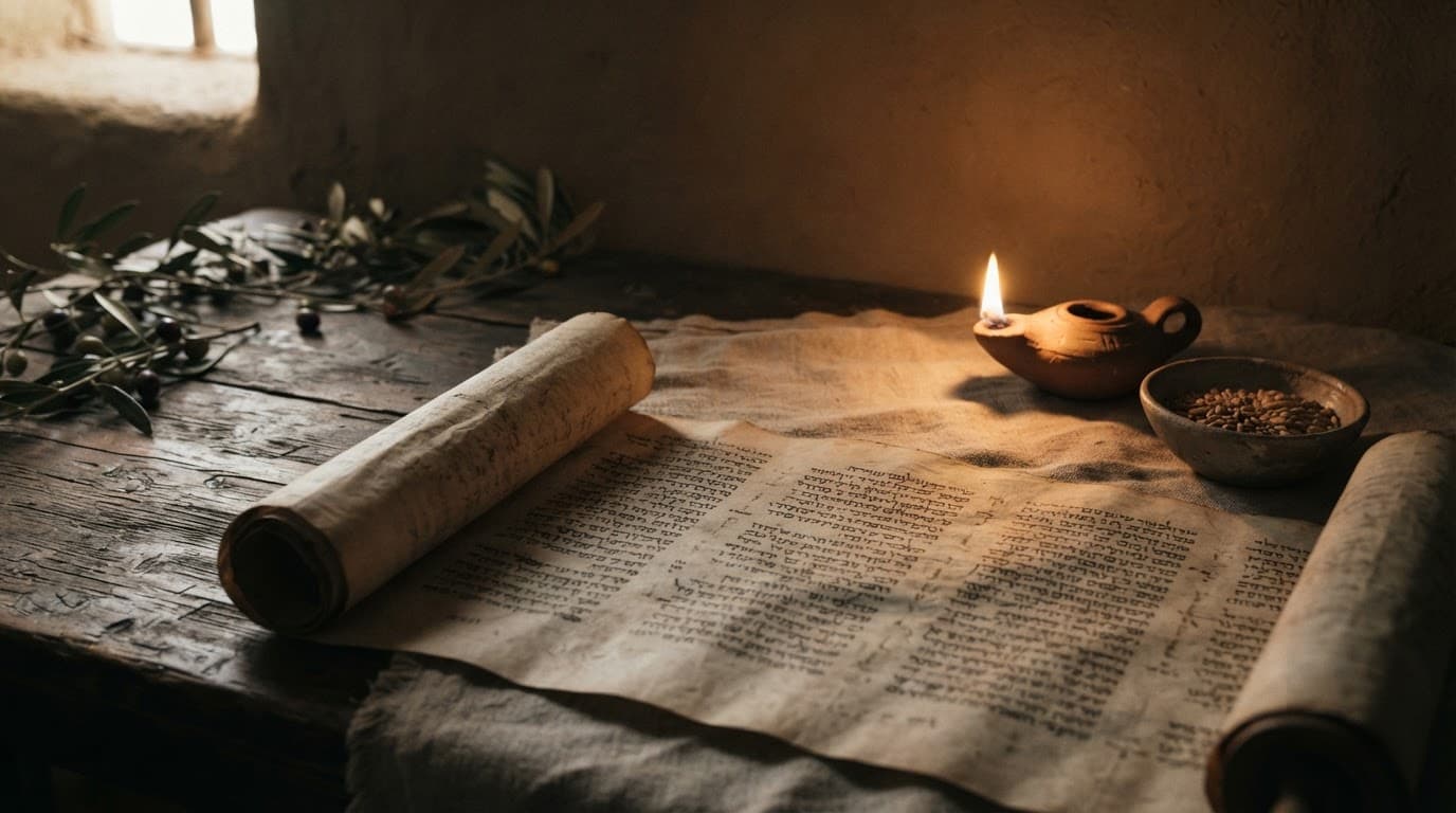 Open ancient manuscript beside a clay lamp and small measure of grain on a rough wooden table.