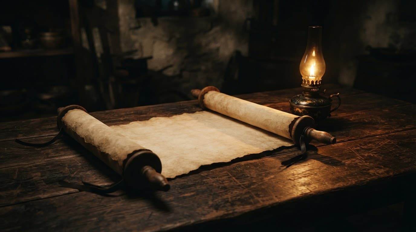An open parchment scroll beside a glowing bronze oil lamp on a dark wooden table.
