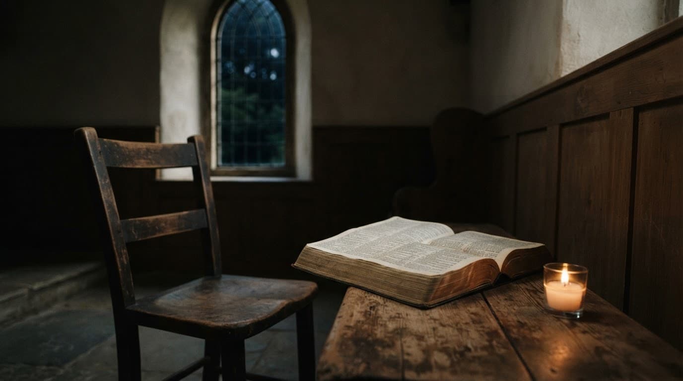 An open Bible, empty wooden chair, and candle in a softly lit church prayer room.