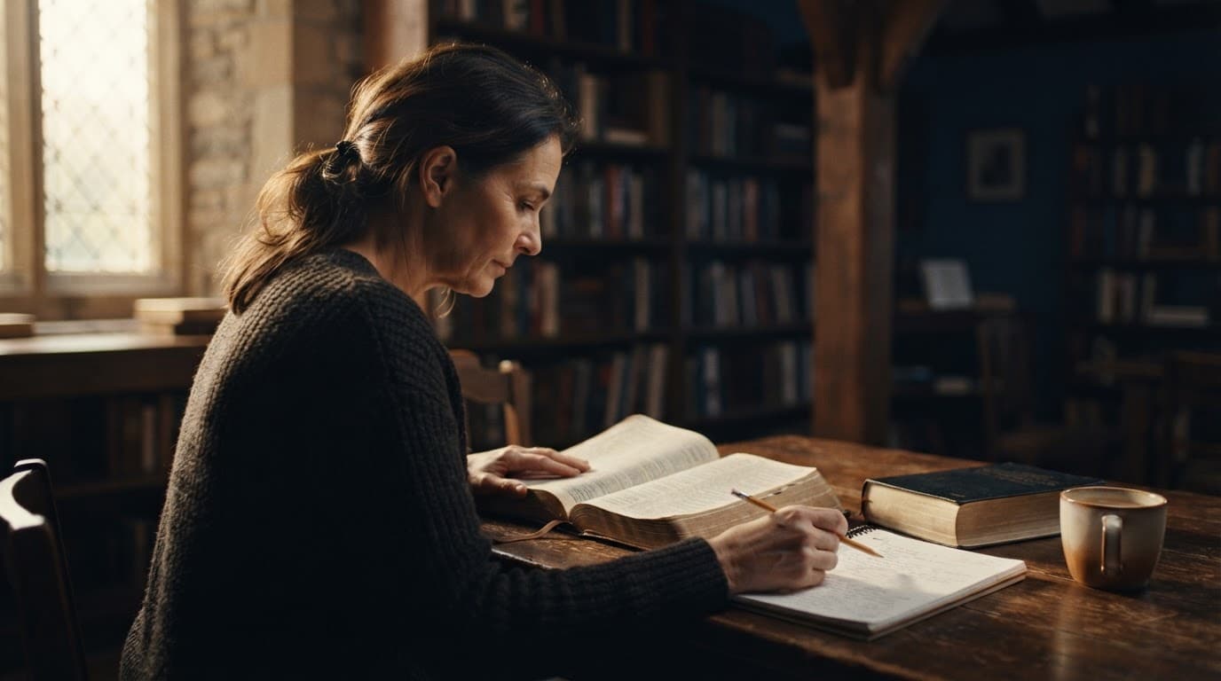 A person studies an open Bible beside a concordance and notebook at a wooden table.