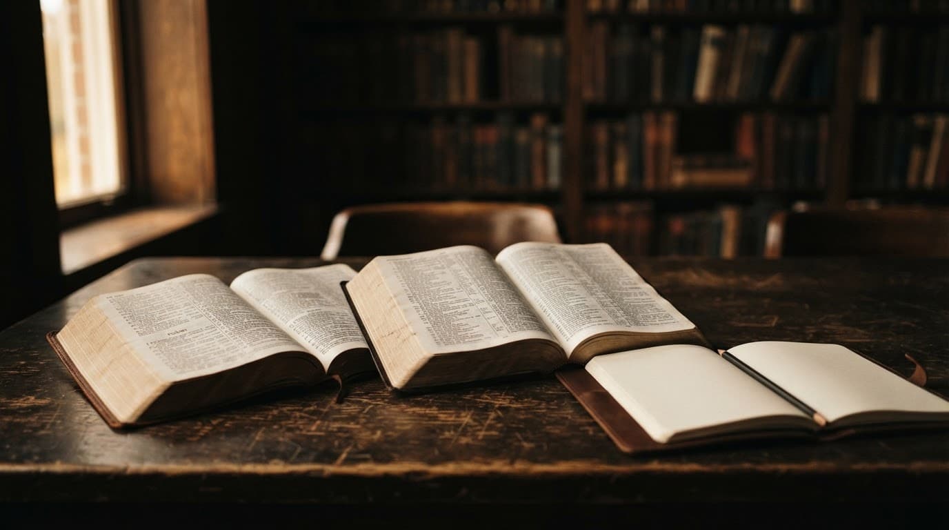 An open Bible beside a concordance, notebook, and pencil on a wooden table.