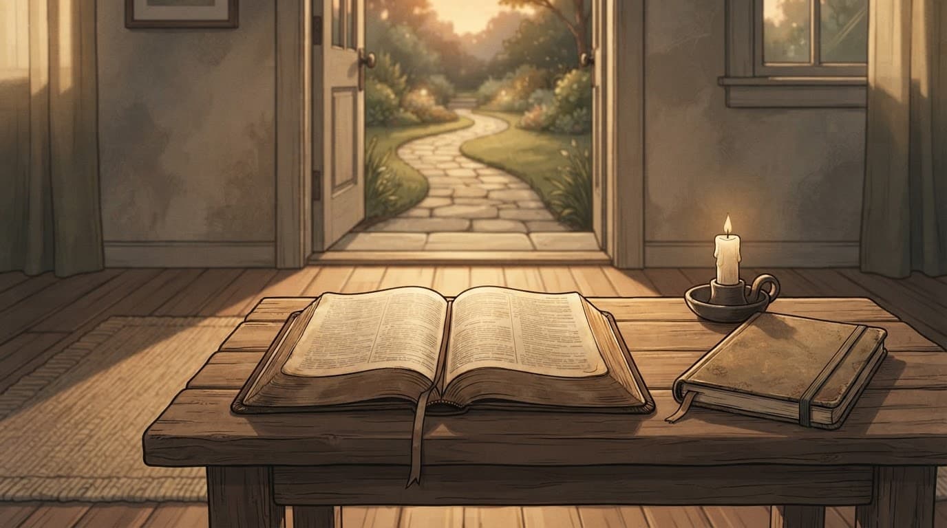 An open Bible beside a journal and unlit candle, with a glowing doorway beyond.