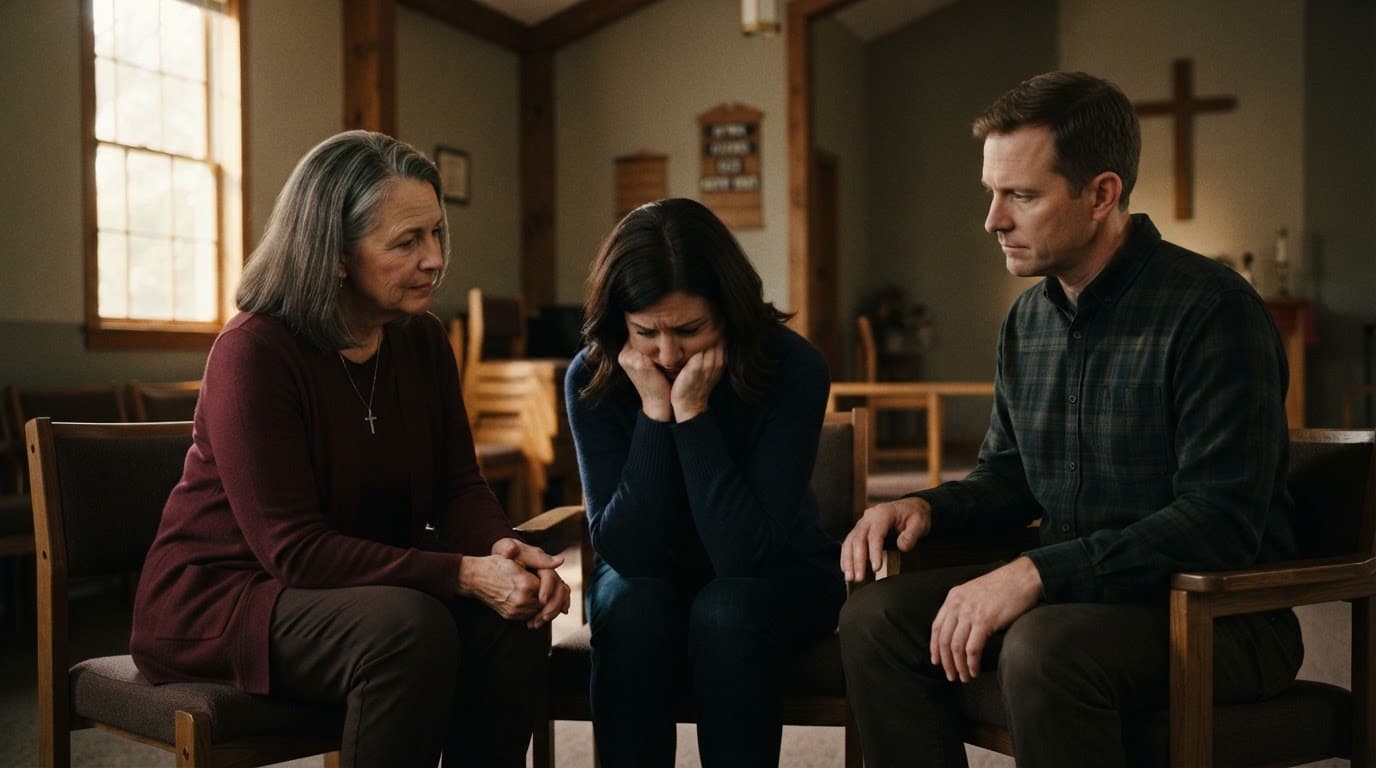Three adults sit together in prayer as one bows their head in grief.