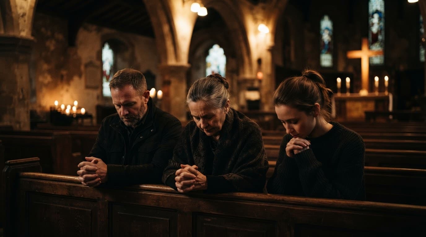 Three people bow their heads in prayer inside a warmly lit church.