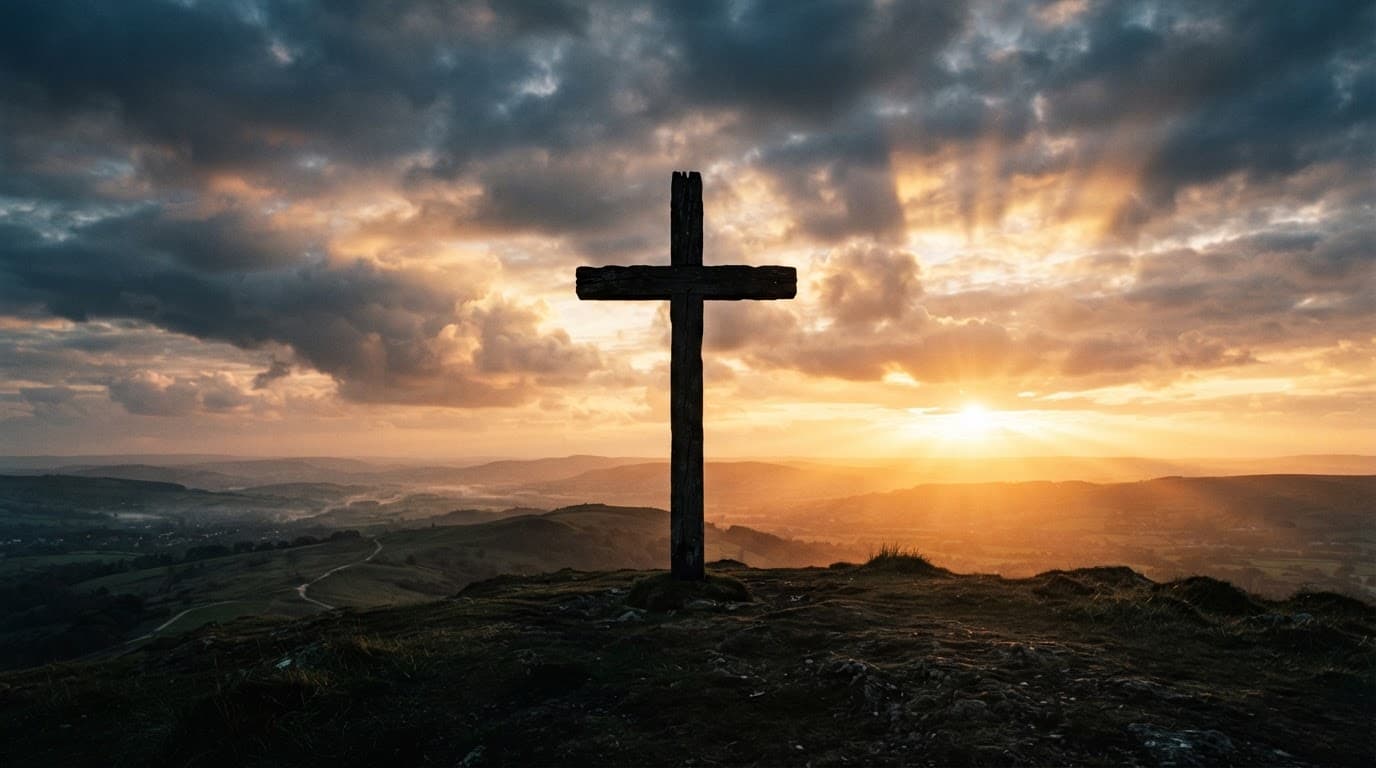 A wooden cross silhouetted on a hill beneath golden sunrise clouds.