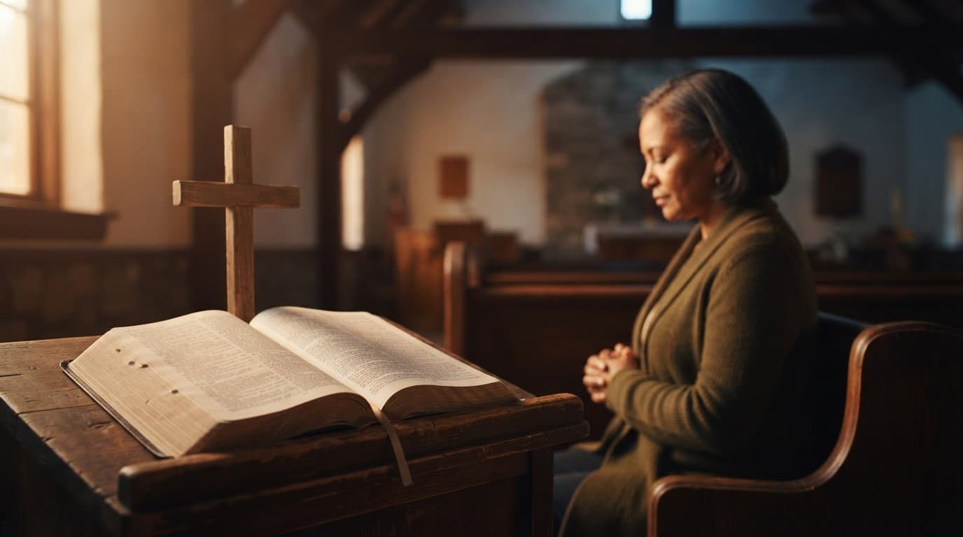 An open Bible and wooden cross sit before one person praying at dawn.