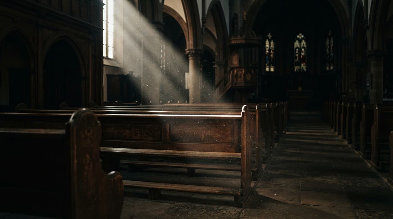 An old church pew lit by a narrow beam of sunlight.