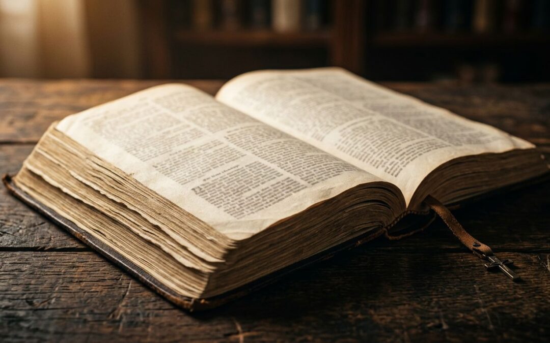 An open Bible illuminated by warm light on a dark wooden table.
