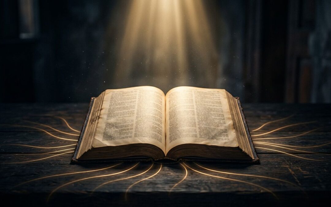 An open Bible on a dark table lit by a narrow golden beam.