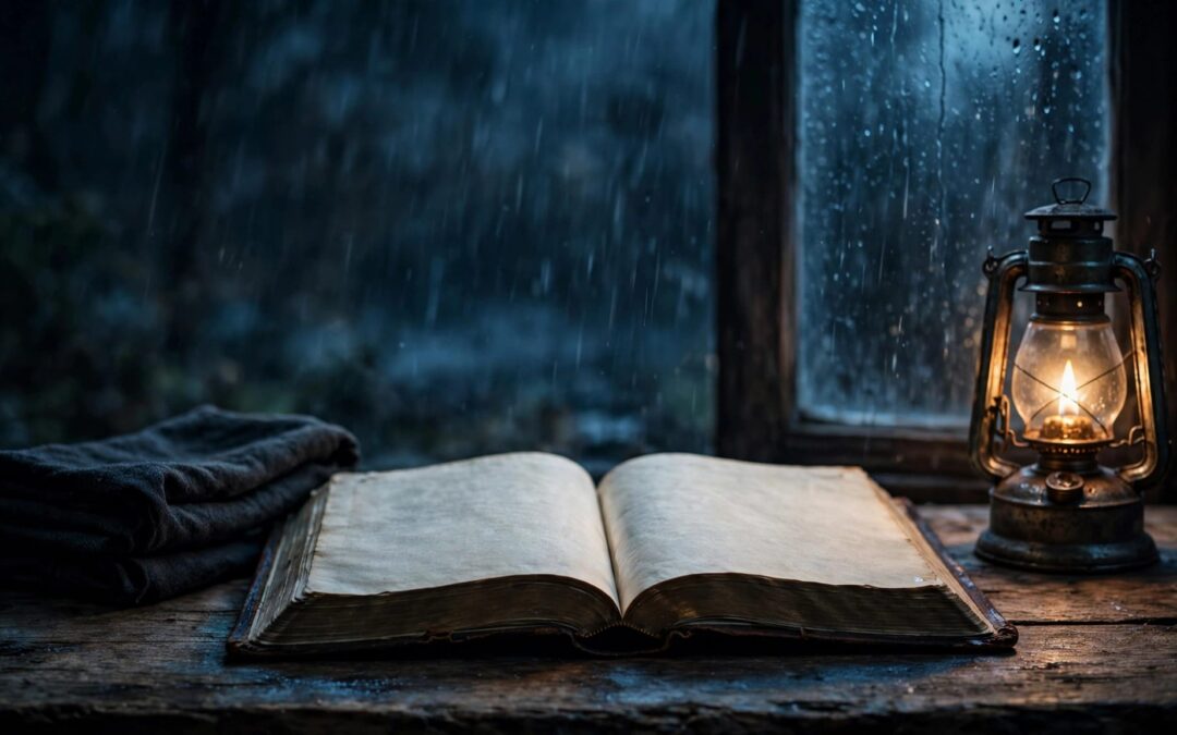 An open Bible, oil lamp, and dark cloth sit beside a rain-streaked window.