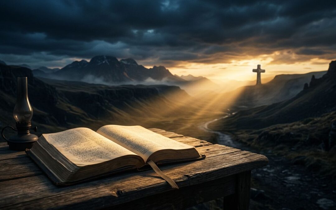 An open Bible illuminated beside a dark valley and a bright horizon.