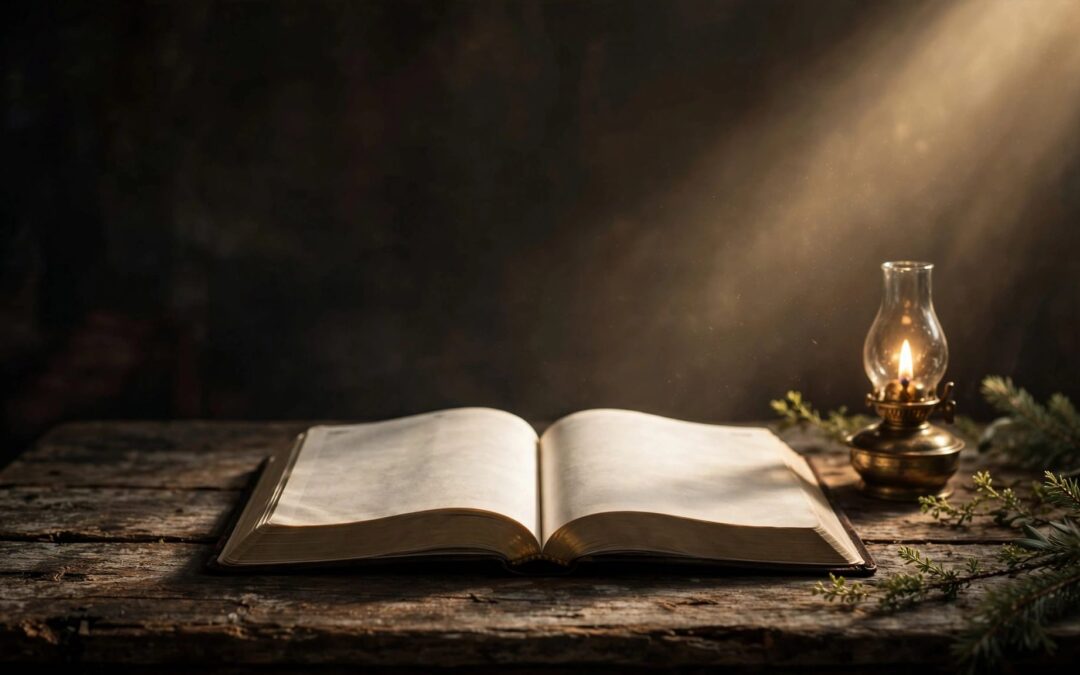 An open Bible on a weathered table beside an oil lamp and evergreen branches.