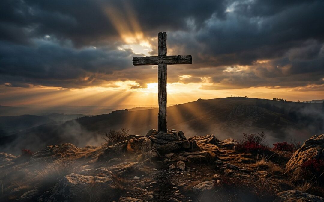 A wooden cross stands on a rocky hill beneath storm clouds and dawn light.