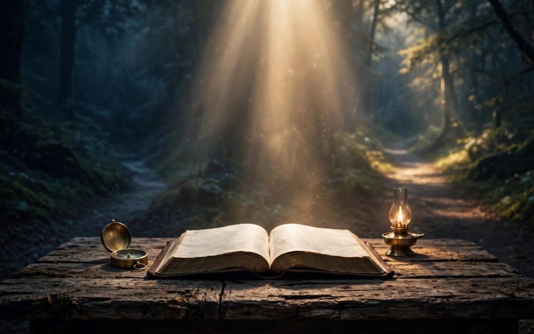 An open Bible, compass, and oil lamp overlook a forest path with one route lit ahead.