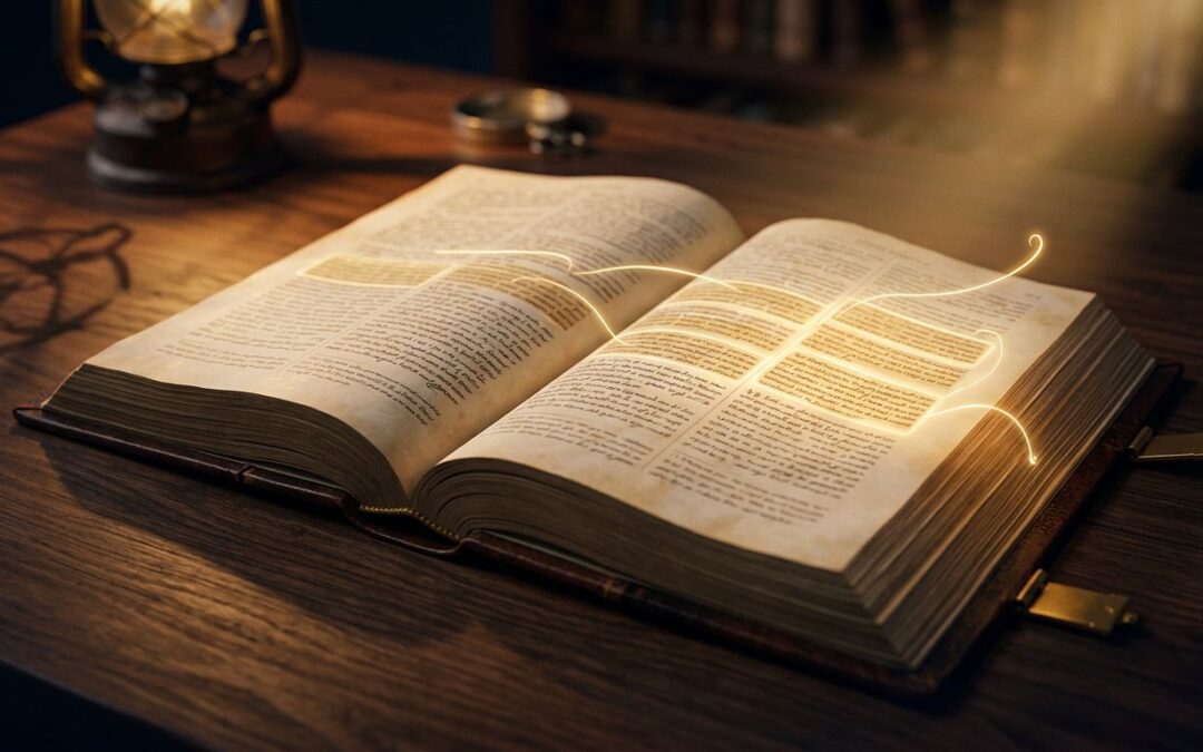 An open Bible with glowing lines connecting highlighted passages on a dark wooden desk.