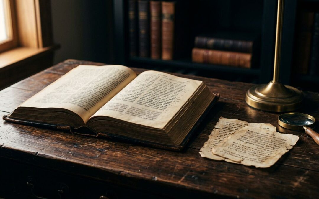 An open Bible beside old manuscripts, a brass lamp, and a magnifying glass on a wooden desk.