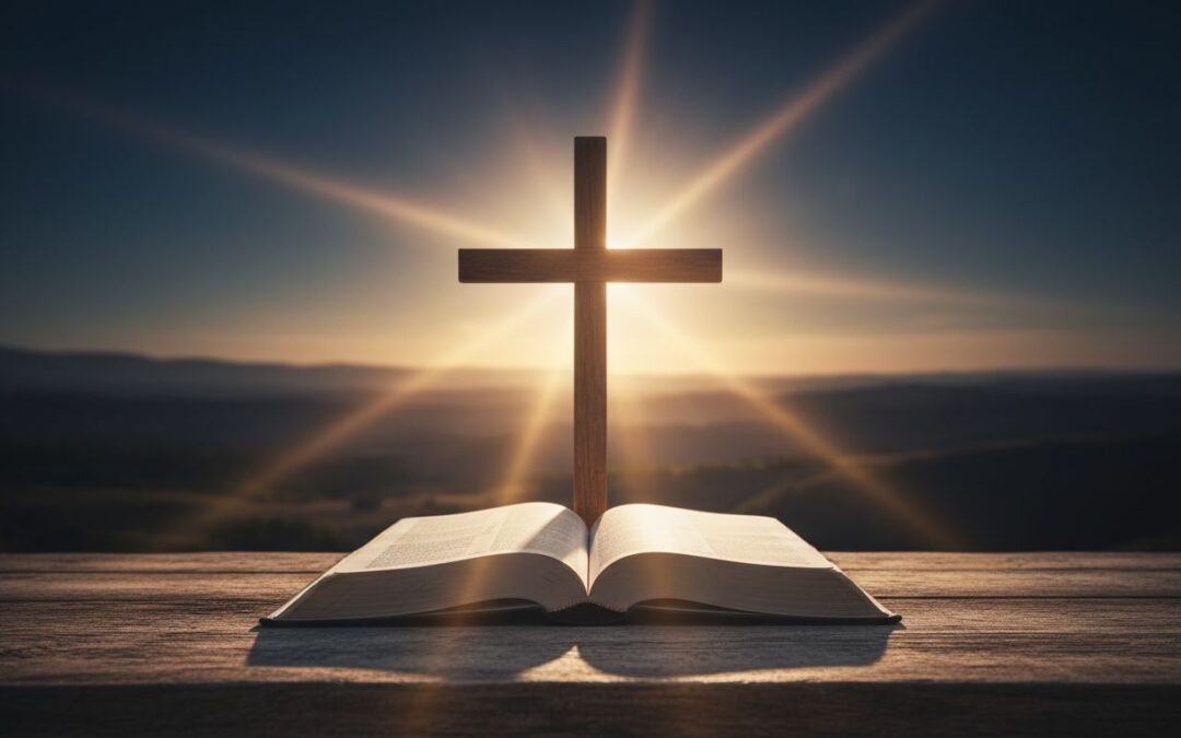 Open Bible and wooden cross illuminated by warm dawn light.