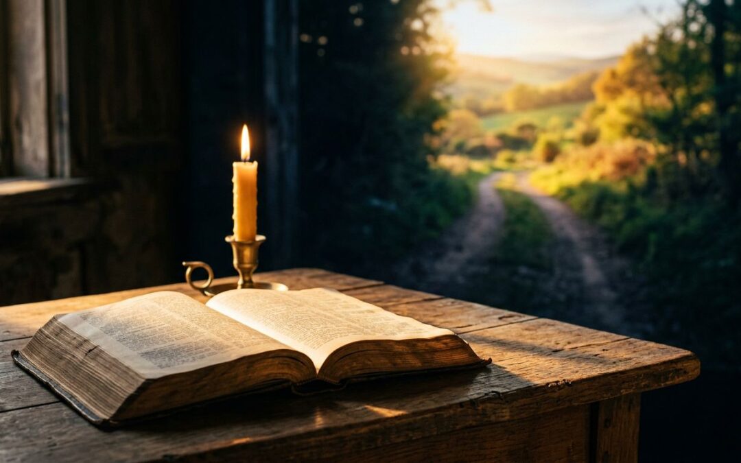 An open Bible and candle sit beside a path leading into sunlight.