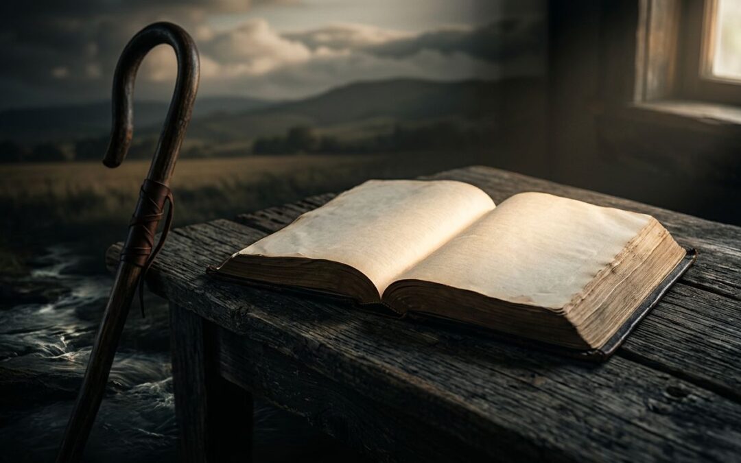 An open Bible sits on a wooden table beside symbolic pastoral imagery.