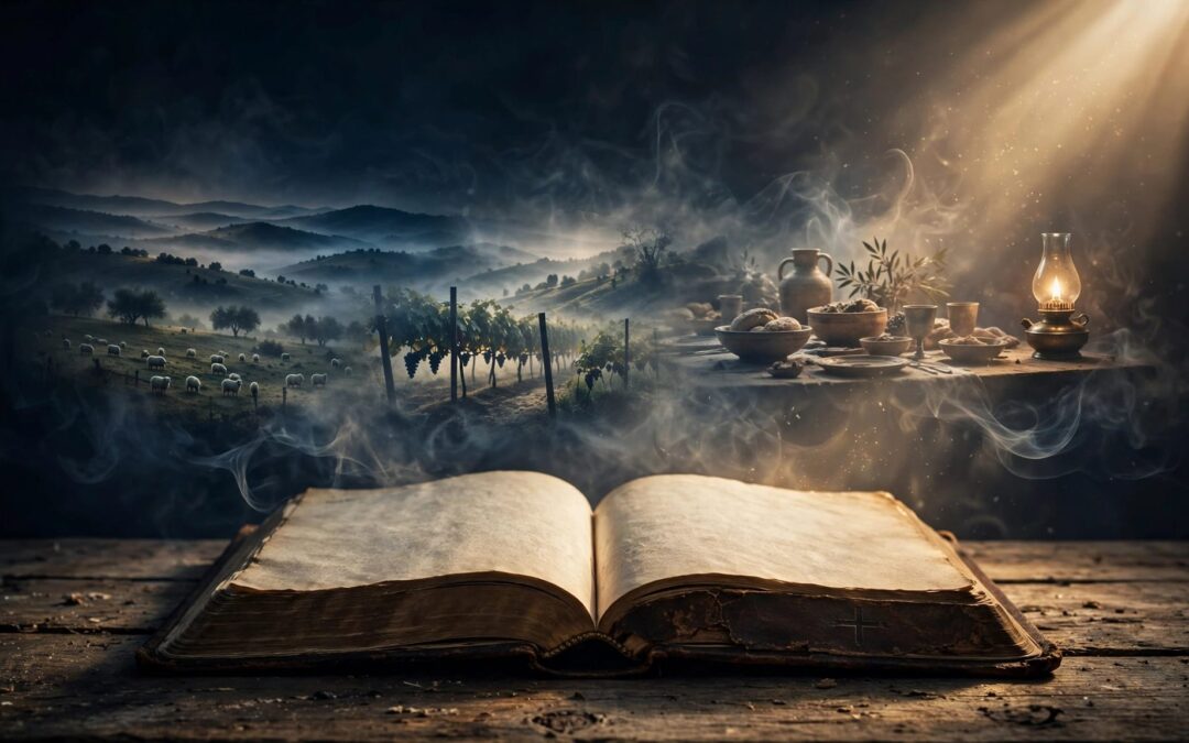 An open Bible on a wooden table with warm light and symbolic images of a shepherd, vineyard, banquet, and lamp.