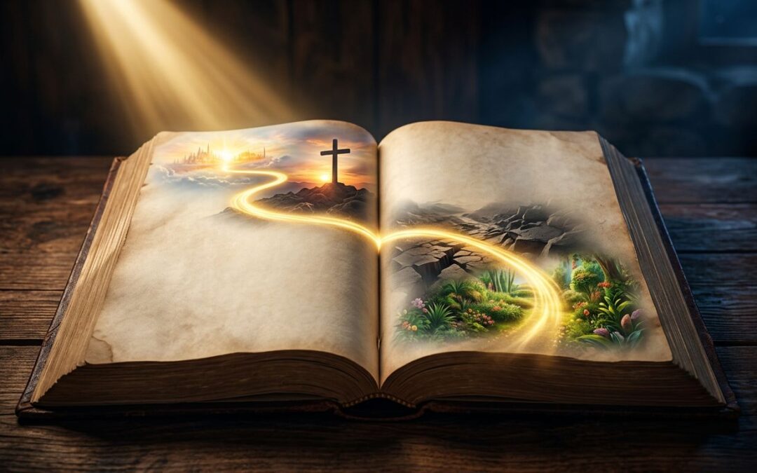 Open Bible with golden light connecting a garden, cross, and bright horizon.