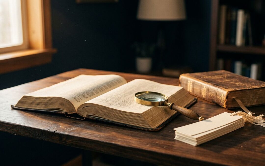Open Bible beside a concordance, magnifying glass, and blank bookmarks on a wooden desk.