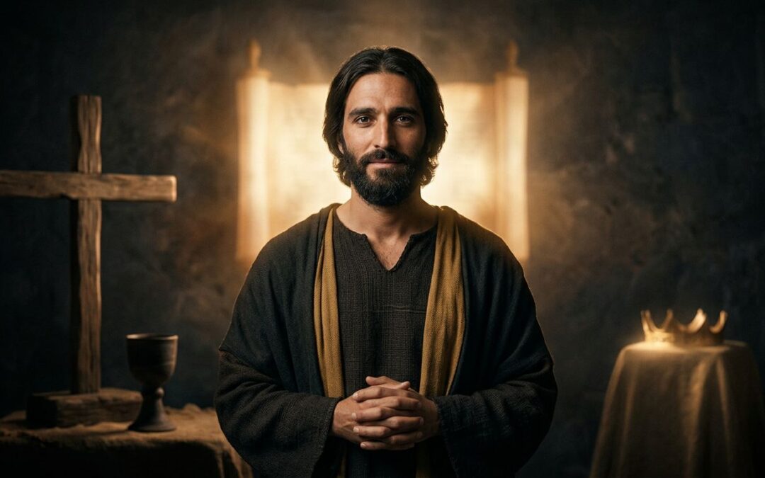 Jesus stands with a glowing scroll, cross, chalice, and crown behind Him.
