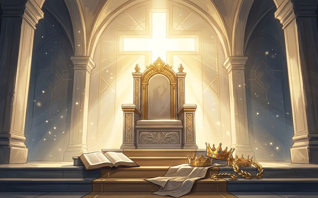 An empty golden throne with an open Bible and crowns beneath radiant cross-shaped light.