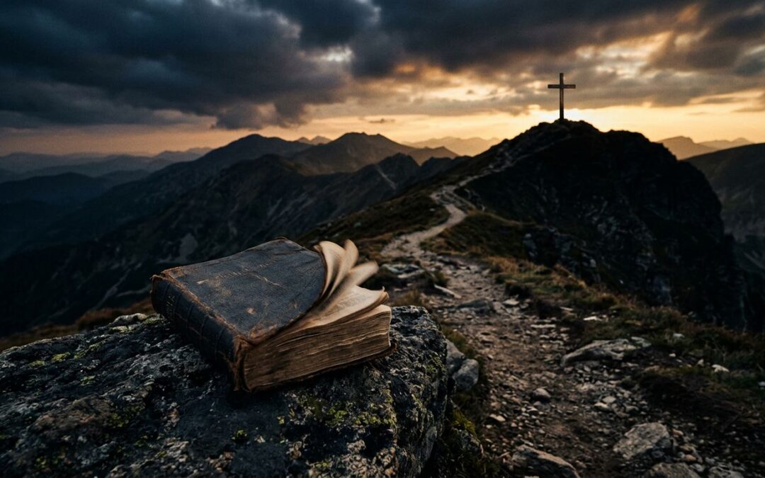 A weathered Bible beside a mountain path leads toward a cross at dawn.