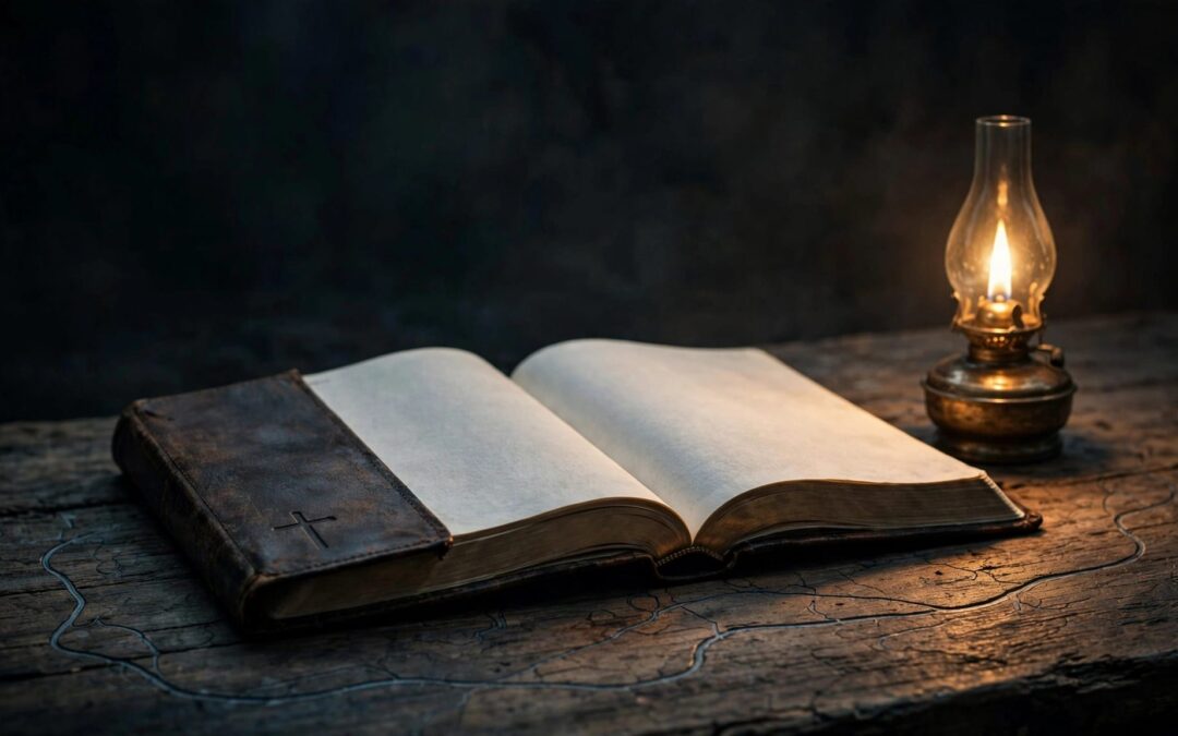 An open Bible beside an oil lamp on a weathered wooden table.