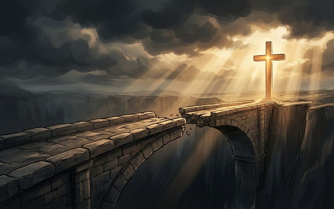 A broken stone bridge reconnects beneath a glowing wooden cross.