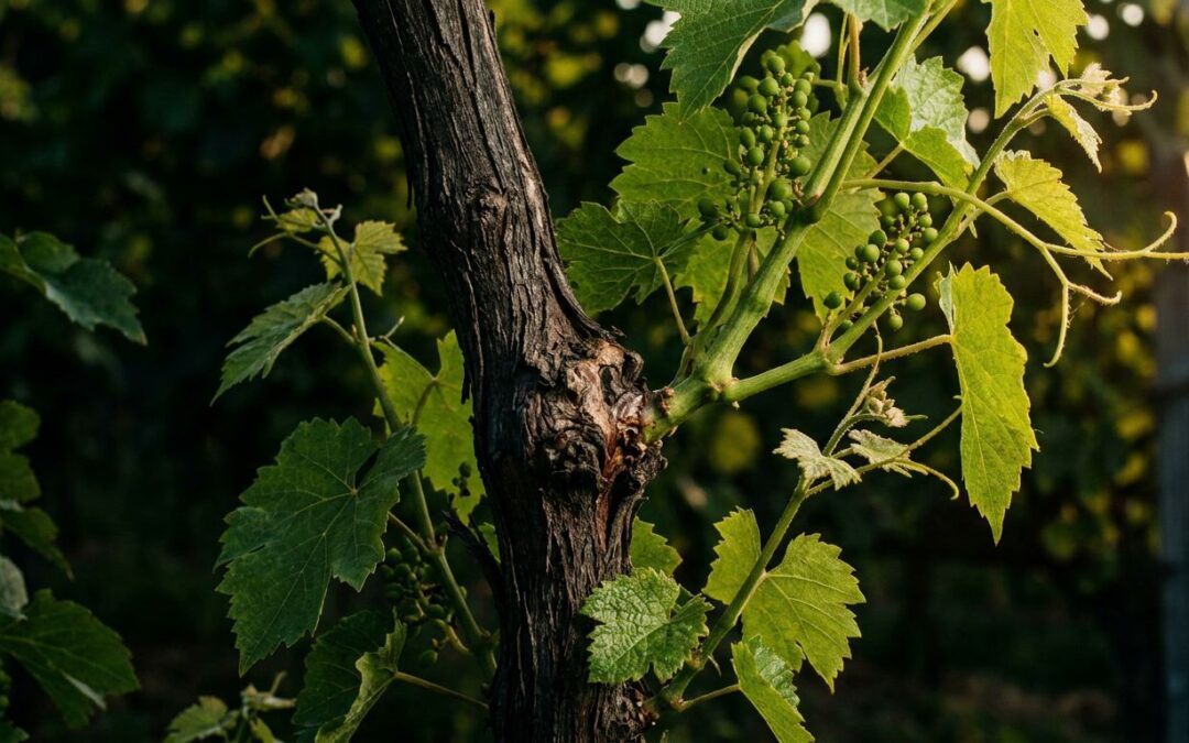 A green vine branch joined to a central stem, lit by warm golden light.