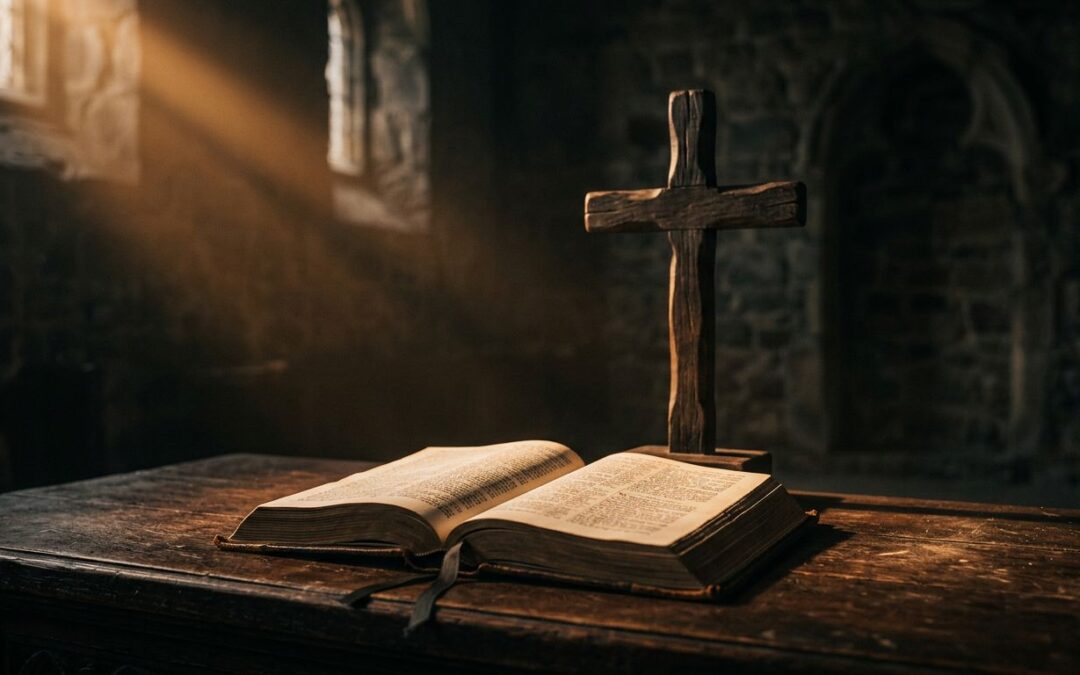 An open Bible and wooden cross illuminated by warm dawn light.
